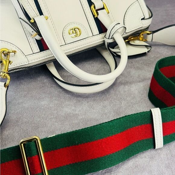 Authentic Gucci Web Sherry Line 2 Way Small Bauletto Leather Bag 715772 White - Picture 9 of 16